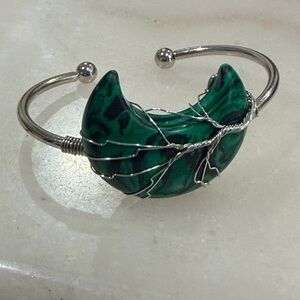 Green Malachite- Reconstructed Stone Crescent Wire-Wrapped Cuff Bracelet